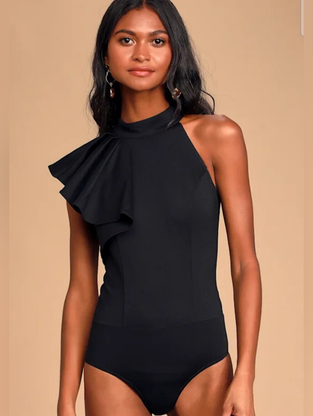 Lulus Cutie Black Ruffle Mock Neck Bodysuit Black S NWT - Picture 3 of 6